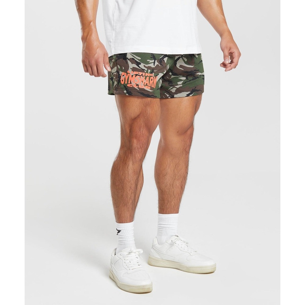Gymshark Mens Lifting Club Printed Mesh 5" Shorts Camo Green Orange Size S